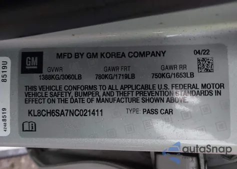 2022 Chevrolet Spark Fwd Activ Automatic z USA, uszkodzony, nr VIN KL8CH6SA7NC021411